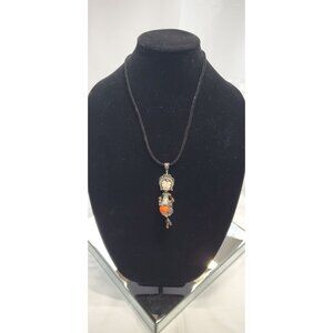 Vintage Sicily Hand Painted Rope Necklace with Bead Lady Detail Pendant